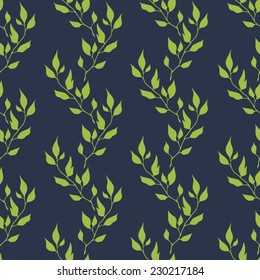 Seamless floral pattern with green leaves on blue background