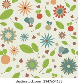 Seamless floral pattern with green leaves and blue, red flowers, desaturated contrast colors, little bugs, geometric forms. Could be used as wallpaper, print, background.