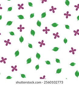 Seamless floral pattern. Lilaс and green leaves on the white background. Botany pattern. Vector illustration