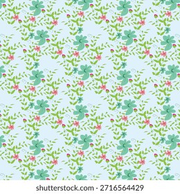 Patrón floral sin fisuras con hojas verdes, flores de color verde azulado y acentos rosados sobre un fondo azul claro.