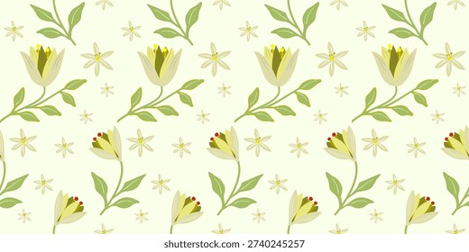 Seamless floral pattern with green leaves and blossoms featuring a vintage nature design with flowers and butterflies for a decorative spring wallpaper illustration