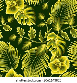 Seamless floral pattern green light flowers on dark background. Vector illustration watercolor hand drawing. For fabric print design texture. Tropical floral foliage palm leaves