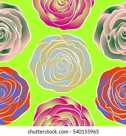 Seamless floral pattern in green, orange and blue colors. Motley roses with a band of flowers. Watercolor painting seamless pattern.