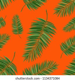Seamless floral pattern of green palm leaves with golden streaks on a terracotta background. Hand drawn graphic print in trendy style. Can be used in design of textiles, wallpaper, covers, backdrops.
