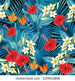 Seamless floral pattern green palm leaves and red color Hibiscus,Frangipani,Heliconias,Bird of paradise flowers on black background.Vector illustration watercolor hand drawn doodle.