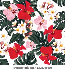 Hojas de monstera de palma verde sin motivos florales y color rojo Hibiscus, flores frangipani sobre fondo blanco aislado.Dibujo vectorial color agua estilo doodle dibujado a mano.