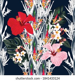 Seamless floral pattern green palm monstera leaves and red color Hibiscus,Frangipani bird of paradise flowers abstract background.Vector illustration watercolor hand drawn doodle style.