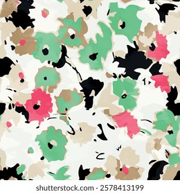 Seamless floral pattern with green, pink, black and ecru colored hand drawn art abstract flower and leaf background elements. Flower, daisy botanical garden design vector