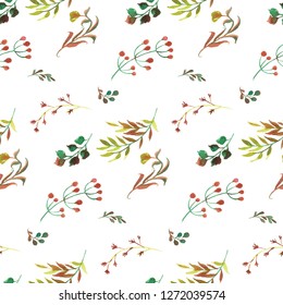 Seamless floral pattern with green and red botanical illustration. Hand drawn watercolour flower.