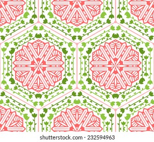 Seamless floral pattern. Green and red background. Nature elements. 
