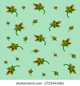 Nahtloses Blumenmuster mit grünen und roten stilisierten Blättern auf hellgrünem Hintergrund. Geeignet für Textilien, Tapeten, Umschlagpapier und digitale Designs.