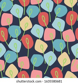 Seamless floral pattern with green seedling and multicolored abstract elements on trendy Phantom Blue background for surface design and other design projects