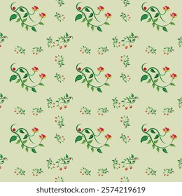 Seamless Floral Pattern with Green Vines and Colorful Flowers on Light Green Background