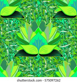 Seamless floral pattern with green water lilies. Lotus. Vector illustration texture.