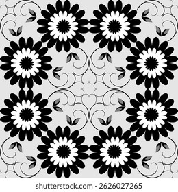 Padrão floral sem emenda - Design de vetor ornamental cinza, branco e preto
