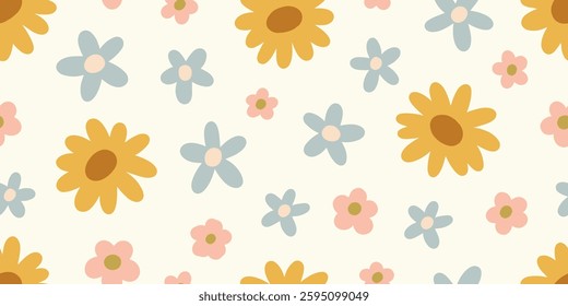 Seamless floral pattern. Groovy hippie flowers, repeating print, endless background. Daisy blossoms, repeatable design, texture for textile, fabric, wallpaper, wrapping. Flat vector illustration