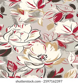 Seamless floral pattern with grunge textured abstract flower and leaf background elements in red, brown, black and gray colors. Flower garden wallpaper vector