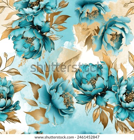 Seamless floral pattern with grunge textured abstract flower and leaf background elements in blue and golden yellow