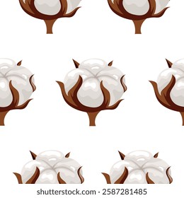 seamless floral pattern with half closed cotton flowers on white background, for packaging, poster or textile