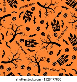 Seamless floral pattern halloween pumpkin face, on a black background, for your best design