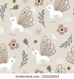 Seamless floral  pattern with hand botanicals elements and fairy unicorns. Childish background. Perfect for fabric design, wallpaper, apparel. Vector illustration
