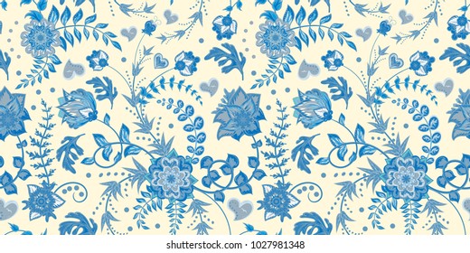 Seamless floral pattern. Hand draw vector Illustration. Seamless background with flowers. Blue on white.