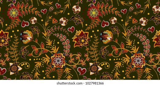 Seamless floral pattern. Hand draw vector Illustration. Seamless background with flowers. Bright colorful flowers on green backdrop.