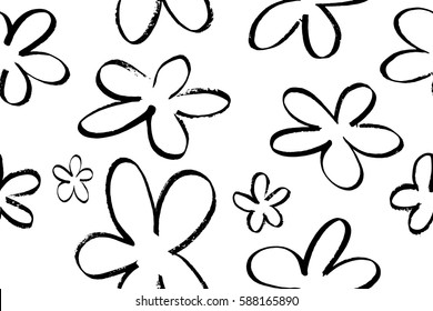 Seamless floral pattern hand draw abstract flowers black flowers on white background, vector. There is a swatch on the panel.  Elements are not cut off and hidden under mask