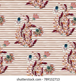 Seamless floral pattern with hand draw fantasy flowers on strip backdrop. Vector