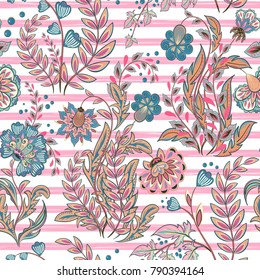 Seamless floral pattern with hand draw fantasy flowers on strip backdrop. Vector