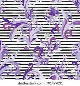 Seamless floral pattern with hand draw fantasy flowers on strip backdrop. Vector