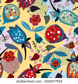 Seamless floral pattern. Hand drawing. Ocher, blue, red