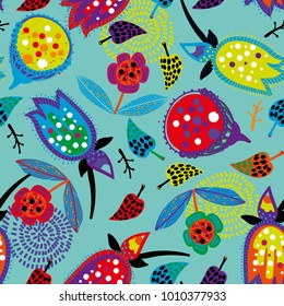 Seamless floral pattern. Hand drawing. Blue, red, yellow