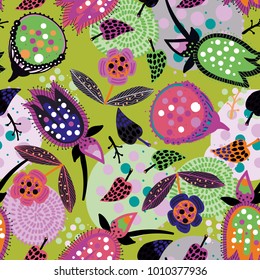 Seamless floral pattern. Hand drawing. Green, black, yellow, pink, orange