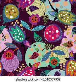 Seamless floral pattern. Hand drawing. Burgundy, green, pink