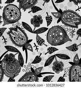 Seamless floral pattern. Hand drawing. Black and white contour