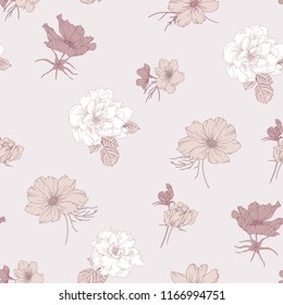 Seamless floral pattern. Hand drawing vector template. Vintage illustration with peonies and roses. 