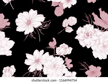  Nahtlose Blumenmuster. Handzeichnung, Vektorvorlage. Vintage-Illustration mit Pfingsten und Rosen. 