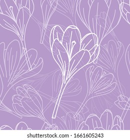 Patrón floral sin soldadura con flores crocus de dibujo a mano para la decoración de las tarjetas verdes