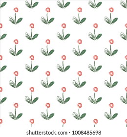Seamless floral pattern with hand drawn simple flower. Textured pattern with small red flower. Vector Illustration