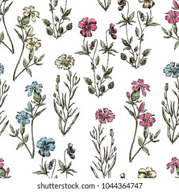 Seamless floral pattern of hand drawn wildflowers, vector background, wallpaper, fabric, paper