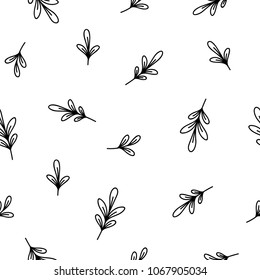 Seamless floral pattern with hand drawn  blades of grass. Repeating texture on white background. Perfect for printing on fabric or paper. Vector illustration. Black and white