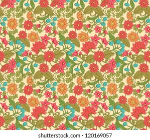 Patrón floral sin soldadura con flores y bayas dibujadas a mano