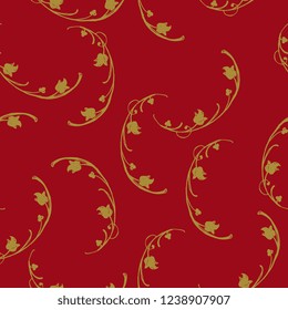 Seamless floral pattern with hand drawn vintage motifs. Gold silhouettes on red background.