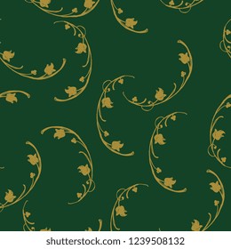 Seamless floral pattern with hand drawn vintage motifs. Gold silhouettes on green background.