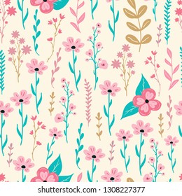 Seamless floral pattern with hand drawn modern spring ditsy flowers in pink and turquoise colors for fabric,stationery, wallpaper design