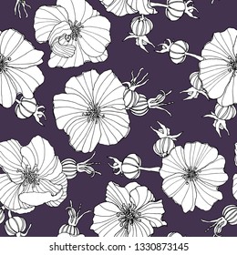 Seamless floral pattern. Hand drawn dog rose flower on violet background. Vector illustration. For wrapping paper, cloth, fabric, banners, home decor.