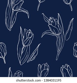 Seamless floral pattern, hand drawn  tulips. Isolated on dark blue background. Fabric texture. Wallpaper