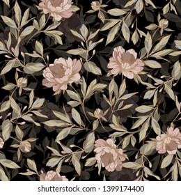 Seamless floral pattern with hand drawn peony flowers