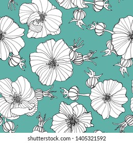 Seamless floral pattern. Hand drawn dog rose flower on aqua background. Vector illustration. For wrapping paper, cloth, fabric, banners, home decor.